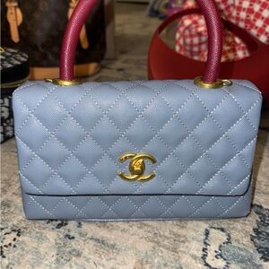 Chanel Quilted Mini Bag in Gray with Gold and maroon Accents